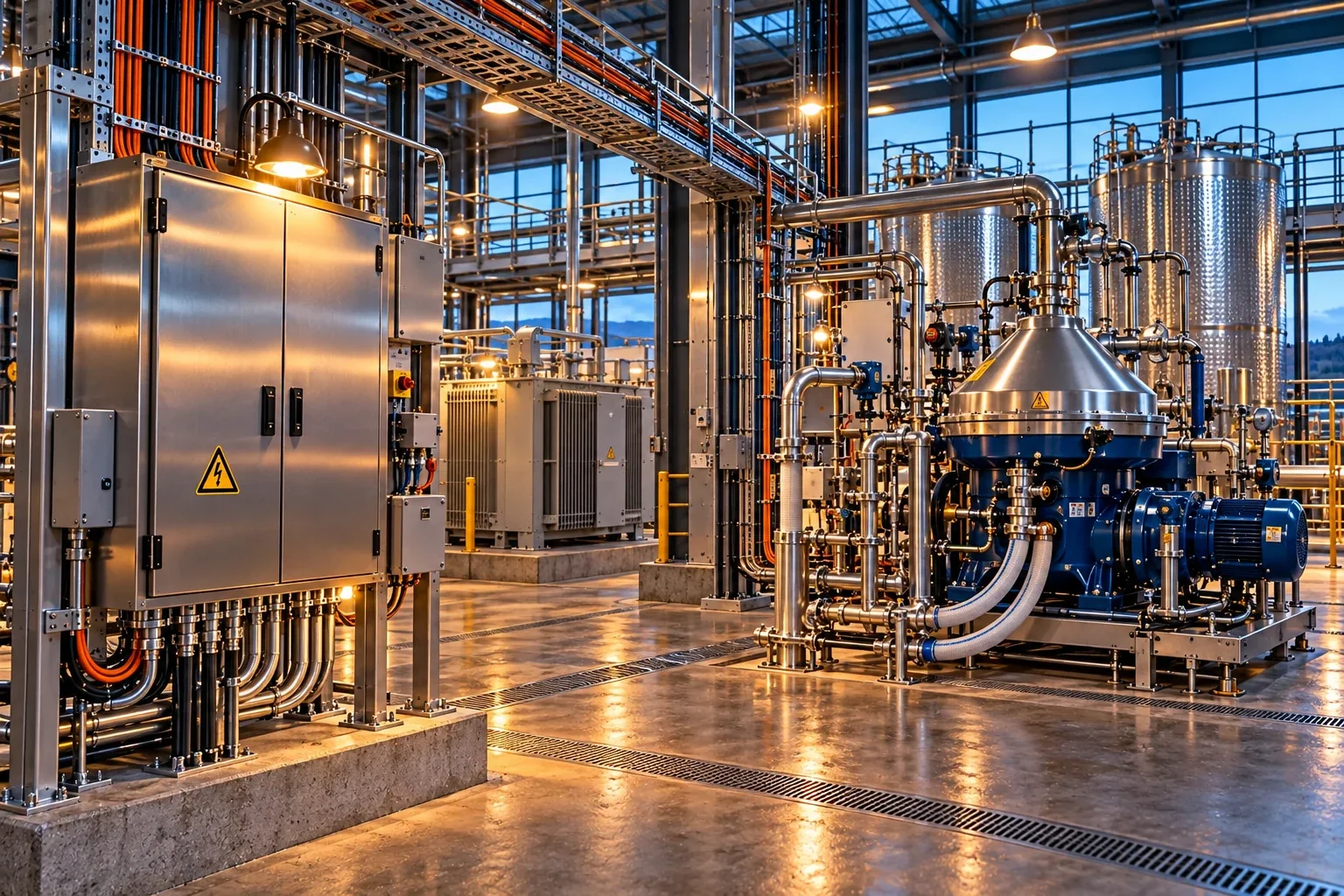 Conceptual engineering visualization: Installed vertical centrifuge separator: Winery Centrifuge Electrical Prep and Utility Coordination