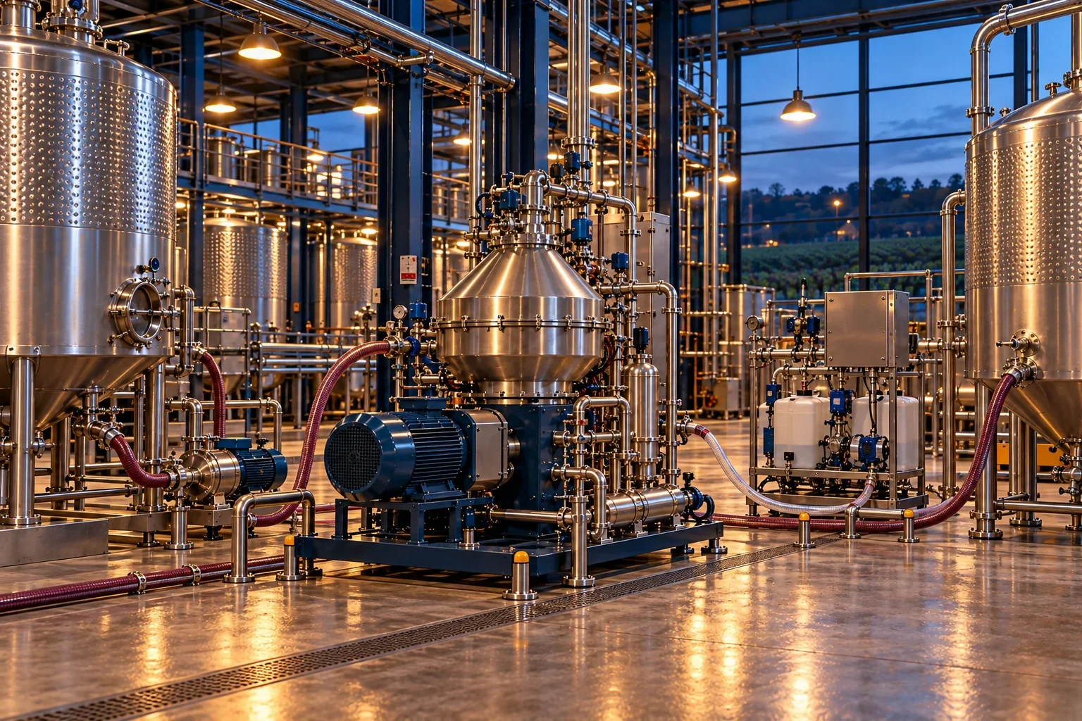 Conceptual engineering visualization: Installed vertical centrifuge separator: Winery Centrifuge Trial Prep and Utility Coordination