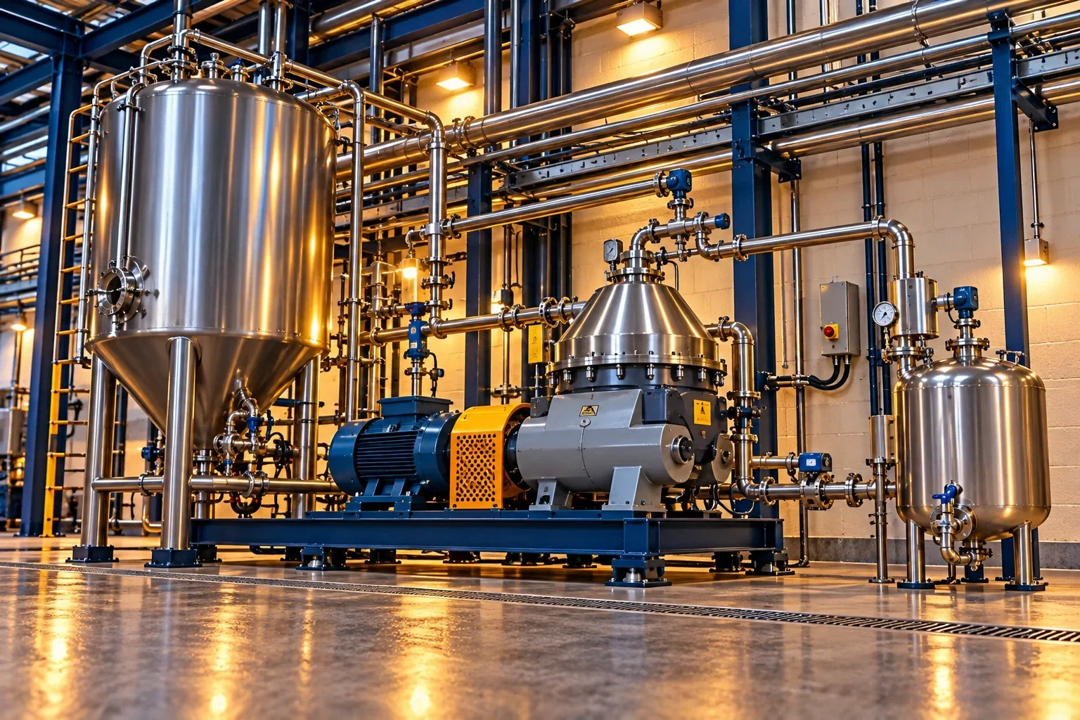 Conceptual engineering visualization: Installed vertical centrifuge separator: Centrifuge filtration recovery and equipment-relocation evaluation