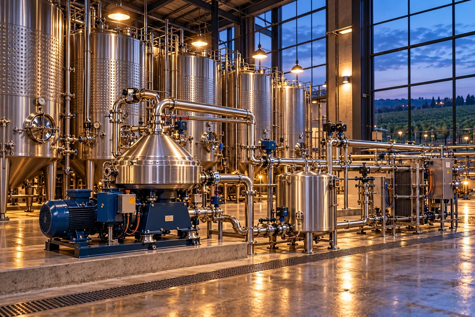 Conceptual engineering visualization: Installed vertical centrifuge separator: Winery Centrifuge Filtration