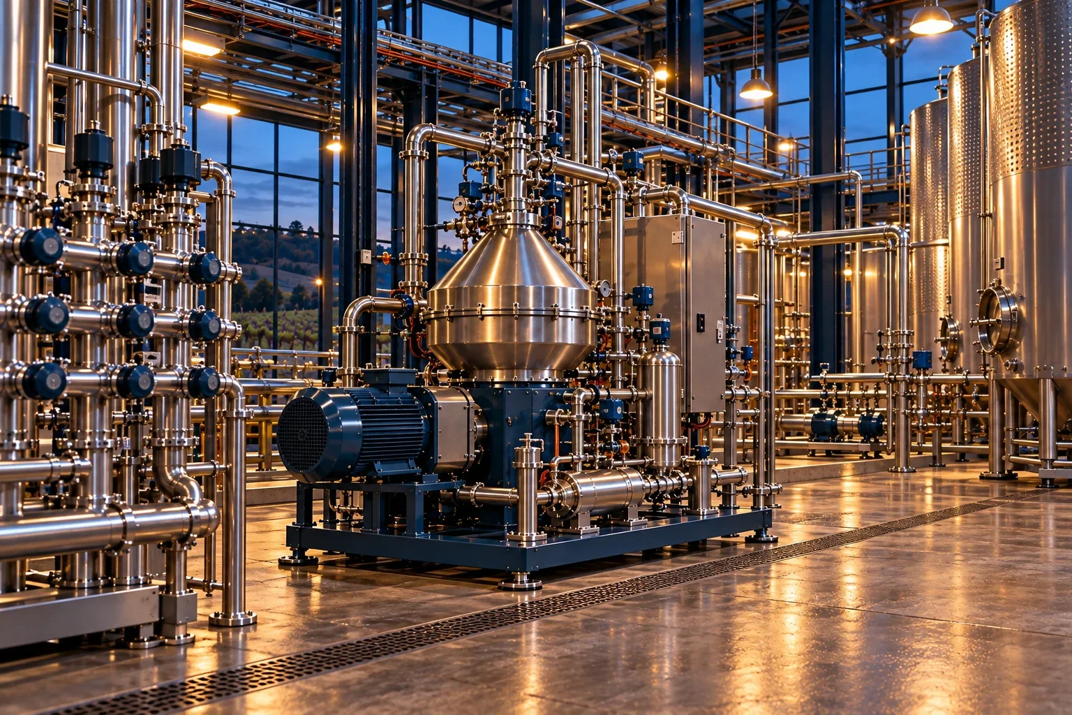 Conceptual engineering visualization: Installed vertical centrifuge separator: Winery Centrifuge and CIP Interface Engineering + Vinegar Transfer Centrifuge Loop