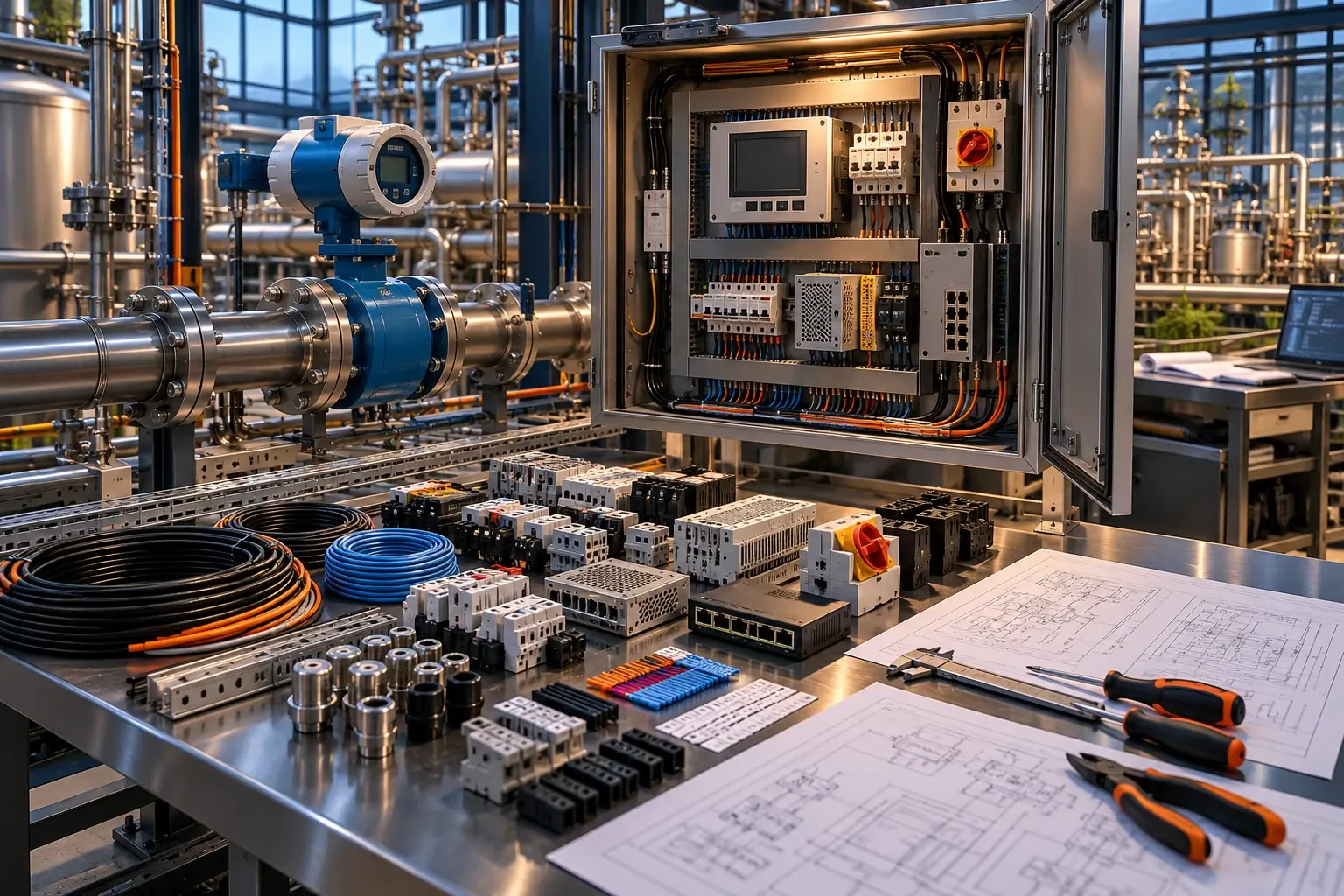 Conceptual engineering visualization: MCP, Flowmeter, RA33 Batch Controller, and Panel Build Logistics