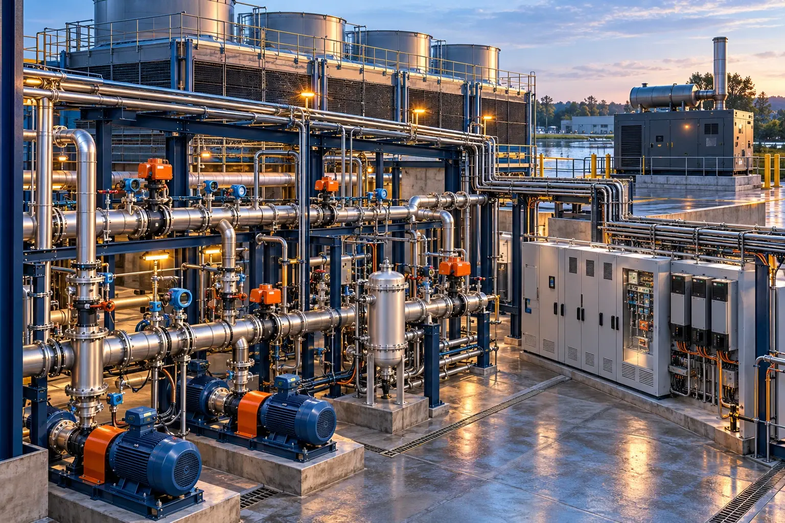 Conceptual engineering visualization: Cooling Tower Controls, Instrumentation, Chemical Feed, and Separator Coordination