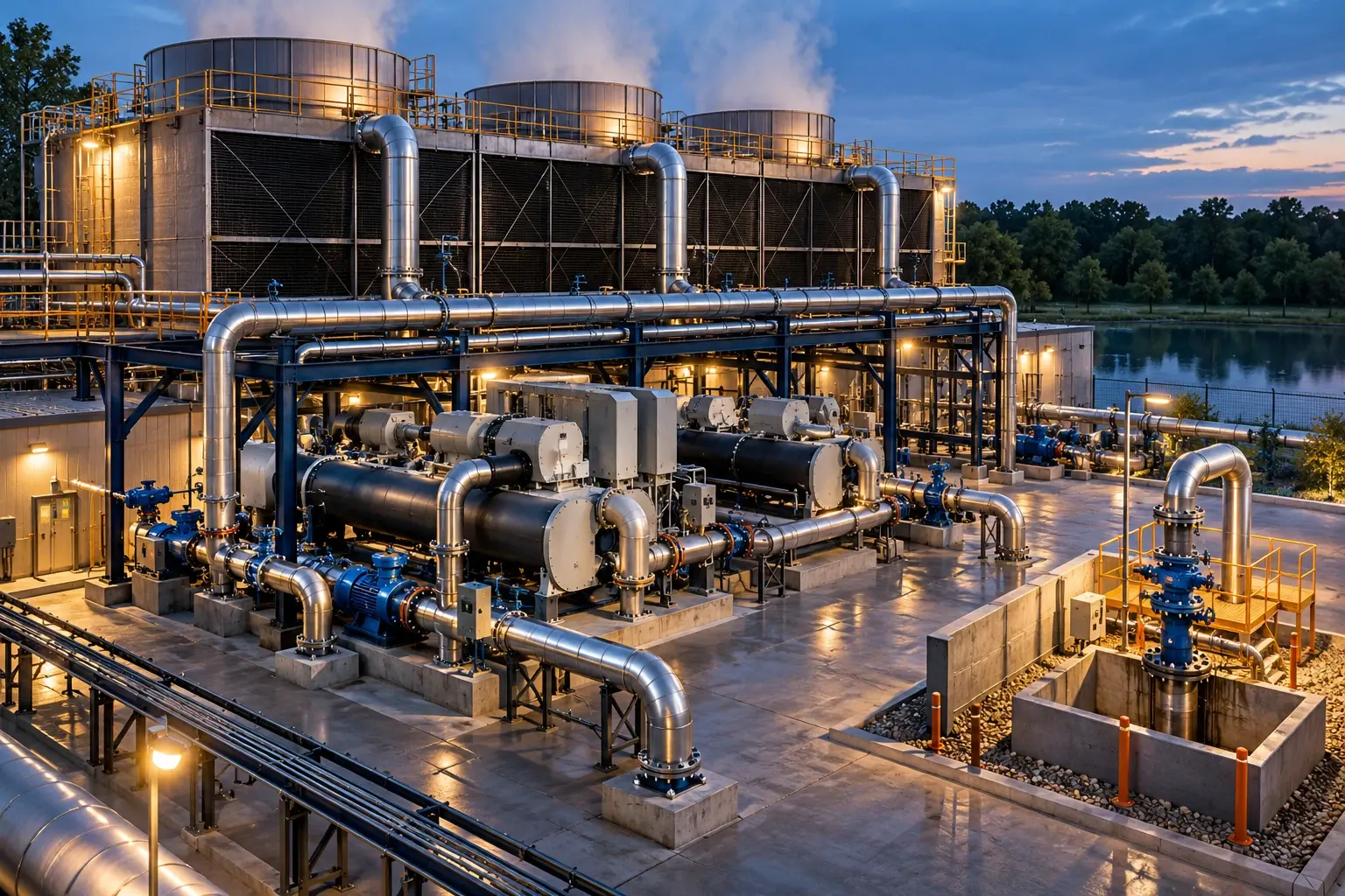 Conceptual engineering visualization: Cooling Tower, Chiller Circuit, and Injection Well Retrofit