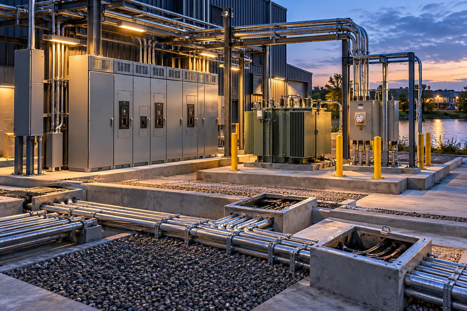 Conceptual engineering visualization: 480V Secondary Service, DP-PKG Feeder, and Phase 2-Ready Electrical Expansion