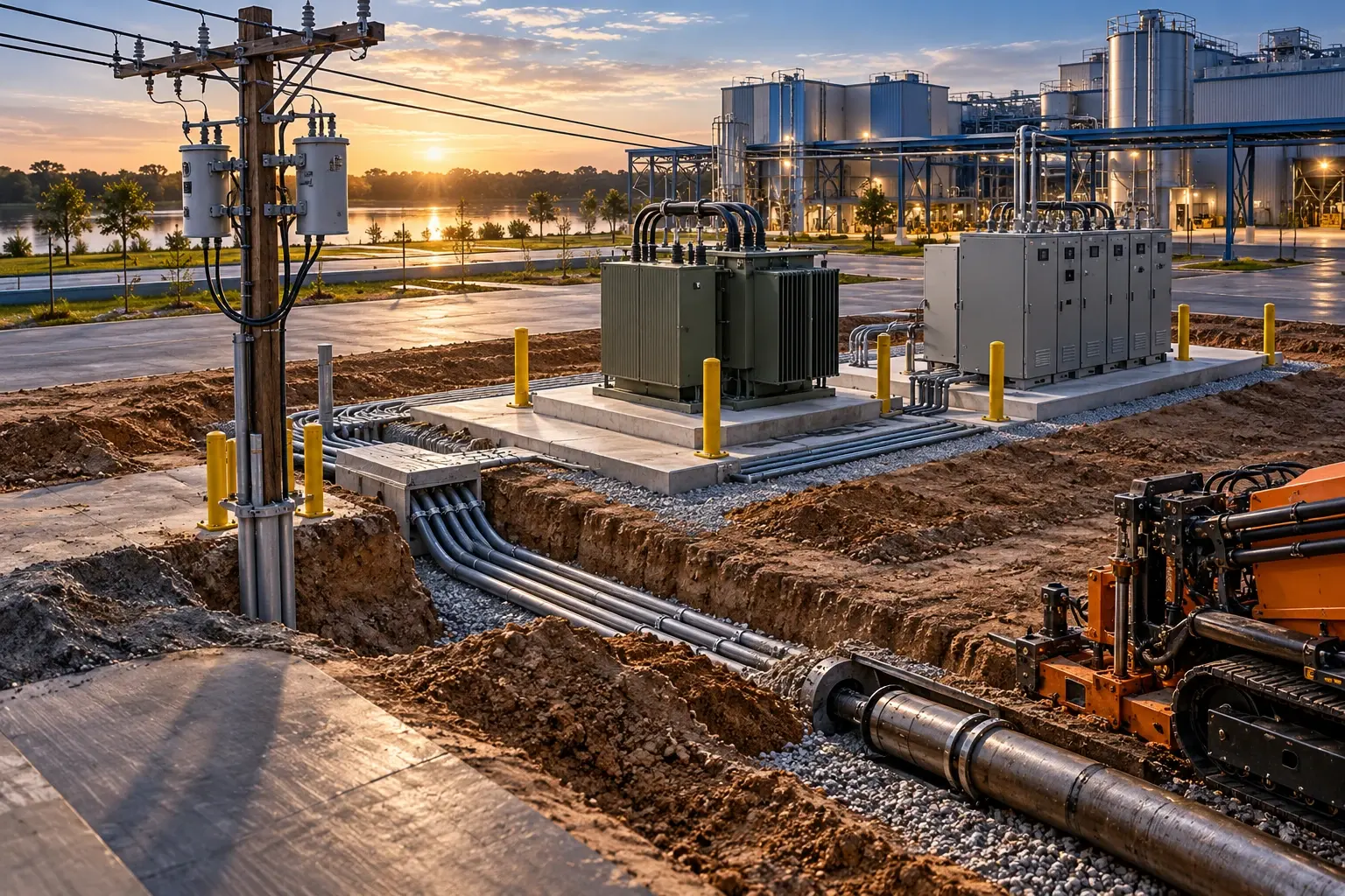 Conceptual engineering visualization: electrical utility Pole, Underground Bore, and Site Development Electrical Rough-In