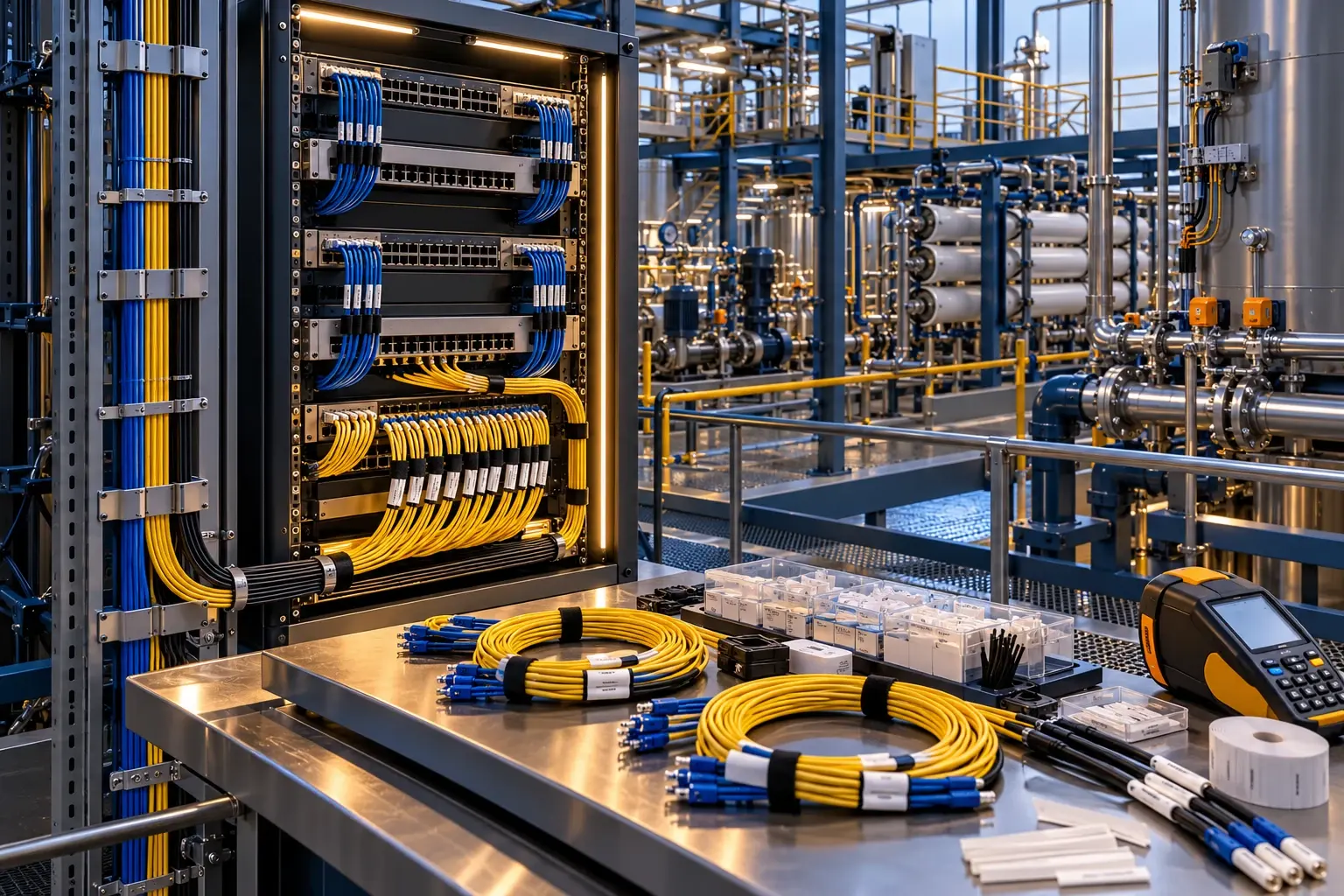 Conceptual engineering visualization: OT Device Labeling, Switch Naming, and Fiber Revision Cable Identification