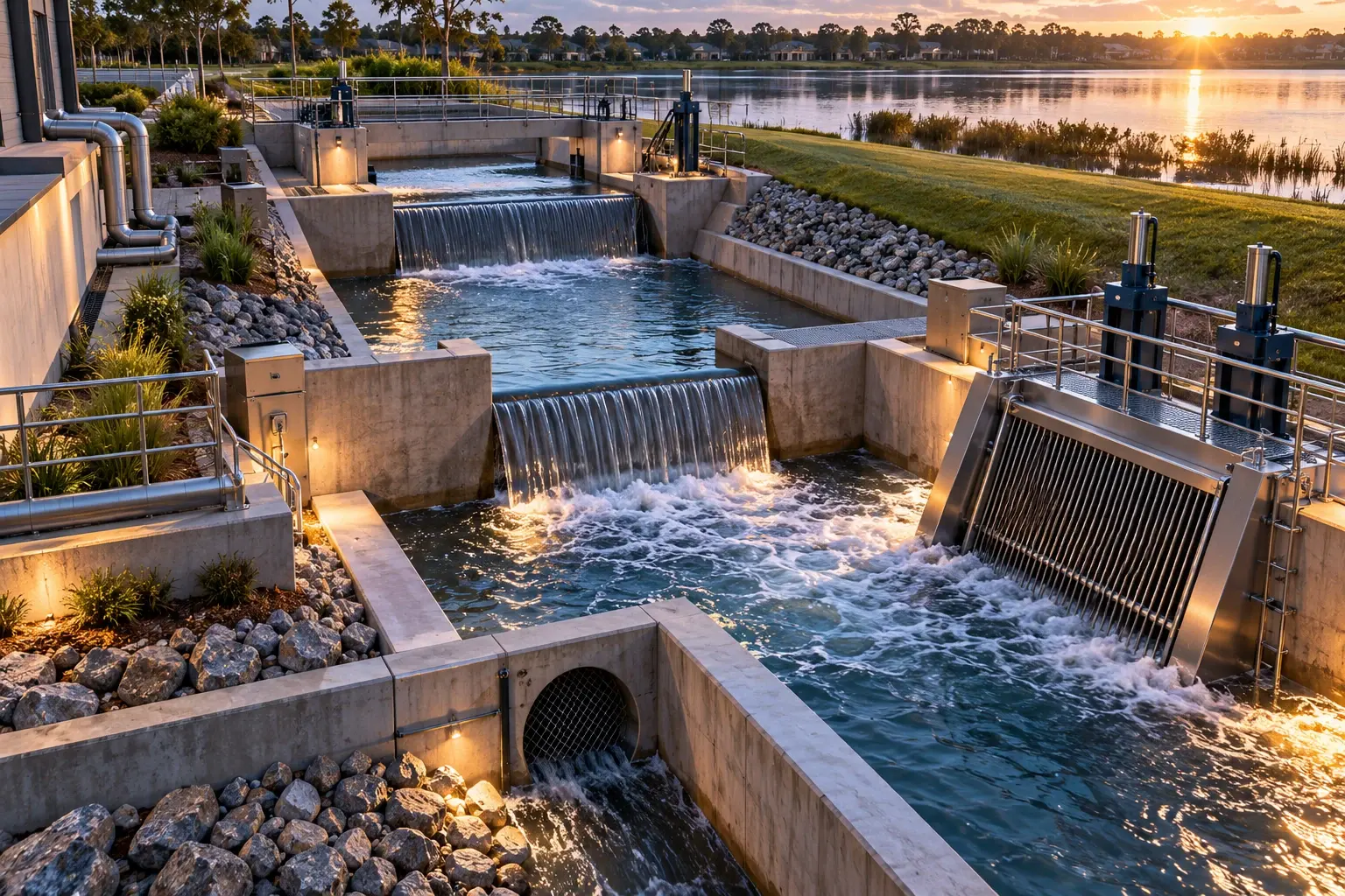 Conceptual engineering visualization: Tank-slab drainage and weir-system engineering